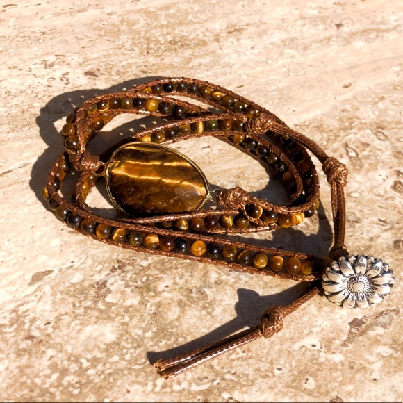 "LAST ONE" NEW Tiger's Eye Leather Layer Wrap Boho Beaded Silver Flower Closure - Picture 6 of 8